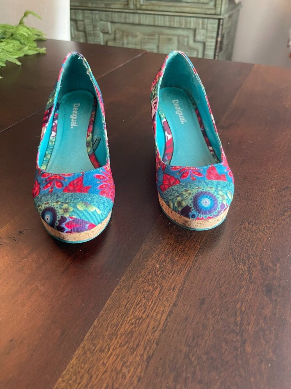 Desigual Cork Wedge Heel Floral Print Size 37